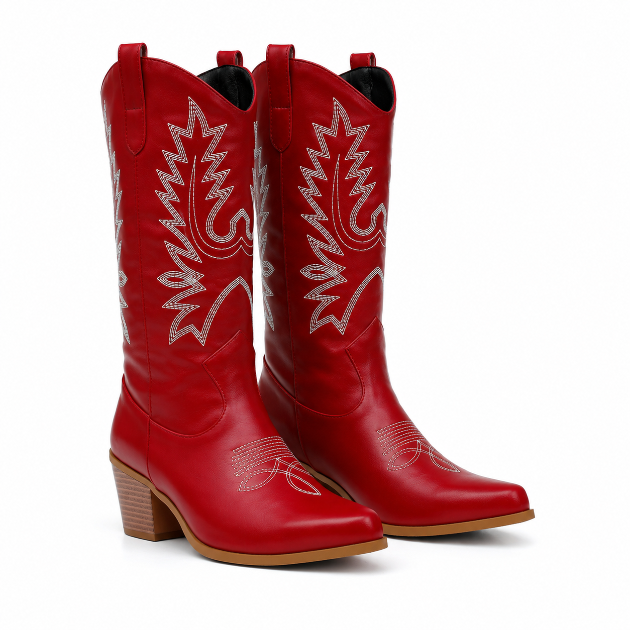 Deep Red Women's Snip-Toe Block-Heel Leather Embroidered Knee-High Boots