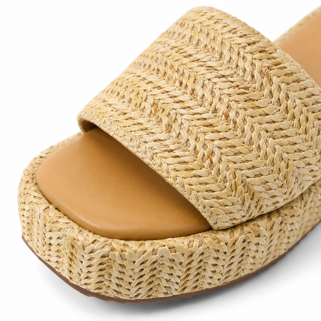 Soft Apricot Women's Open-Toe Raffia Slip-On Wedge Sandals close-up detail