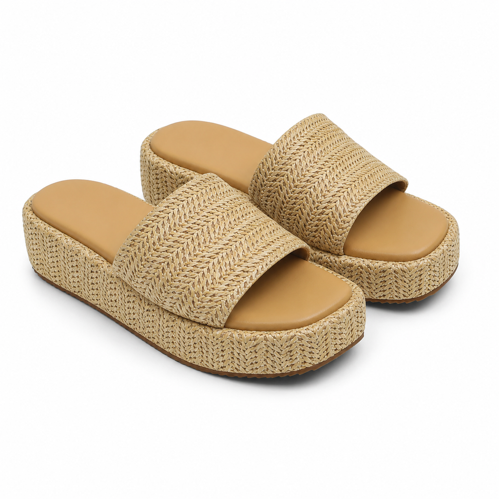 Soft Apricot Women's Open-Toe Raffia Slip-On Wedge Sandals