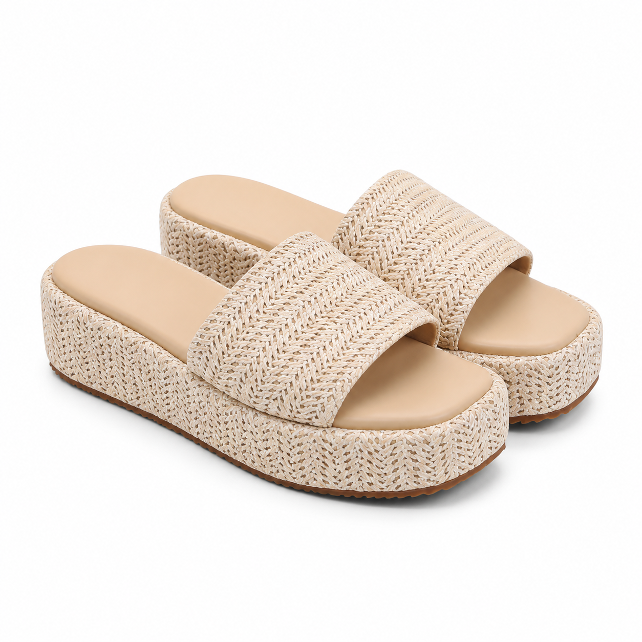 Warm Beige Women's Open-Toe Raffia Slip-On Wedge Sandals