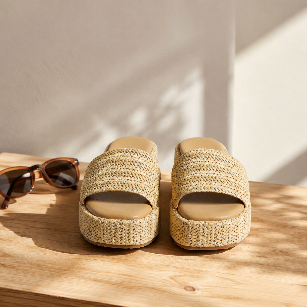 Soft Apricot Women's Open-Toe Raffia Slip-On Wedge Sandals styled scene