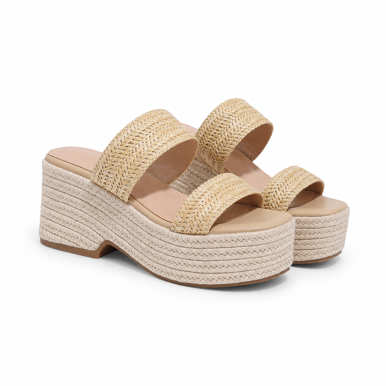 Soft Apricot Women's Open-Toe Raffia Multi-Strap Wedge Sandals