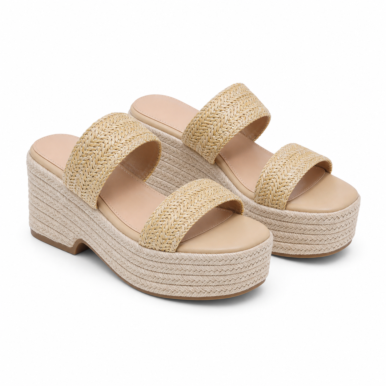 Warm Beige Women's Open-Toe Raffia Multi-Strap Wedge Sandals