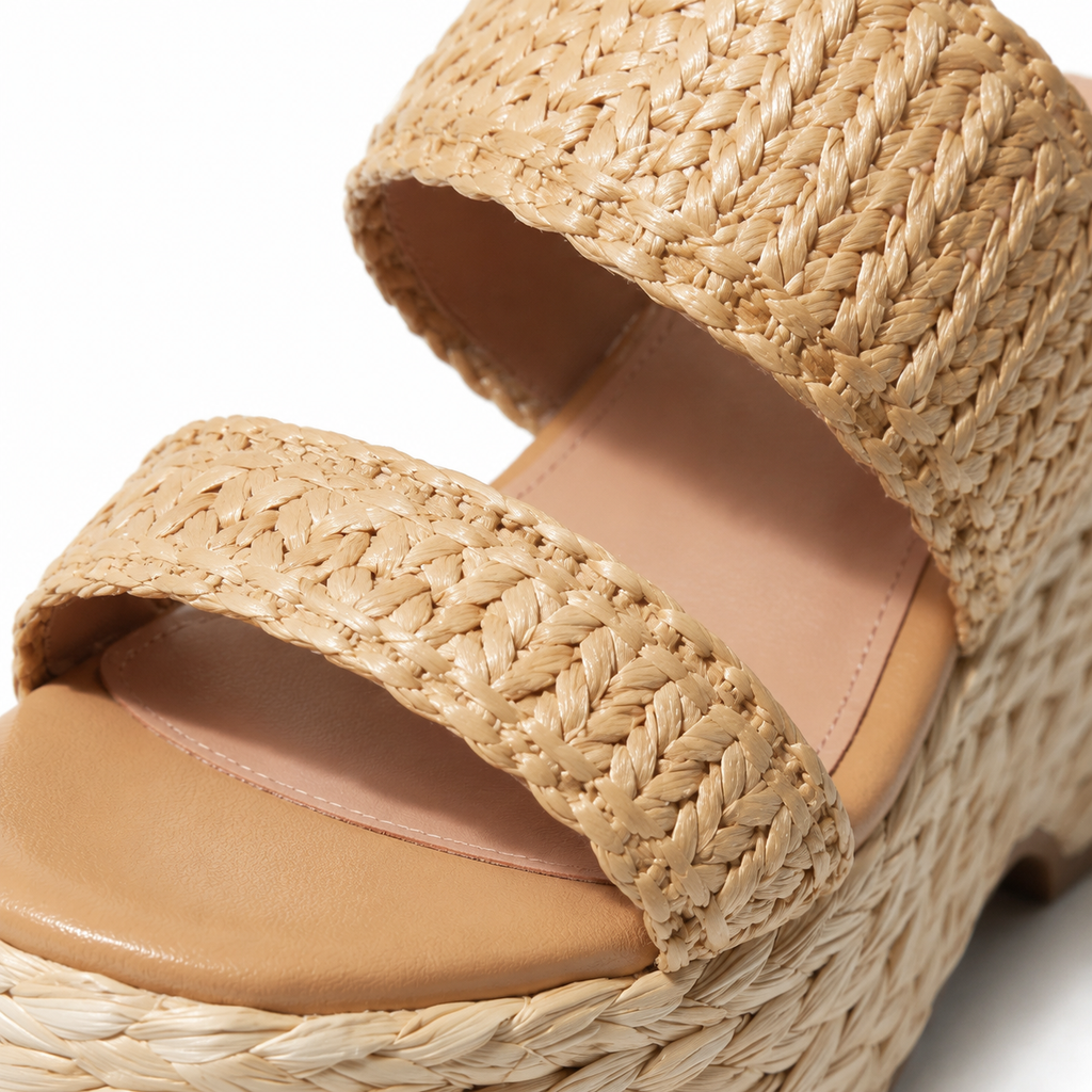 Straw 2 Women's Open-Toe Raffia Multi-Strap Wedge Sandals close-up detail