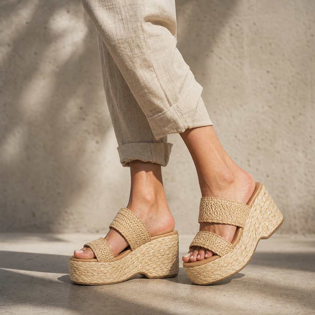 Straw 2 Women's Open-Toe Raffia Multi-Strap Wedge Sandals on-foot view