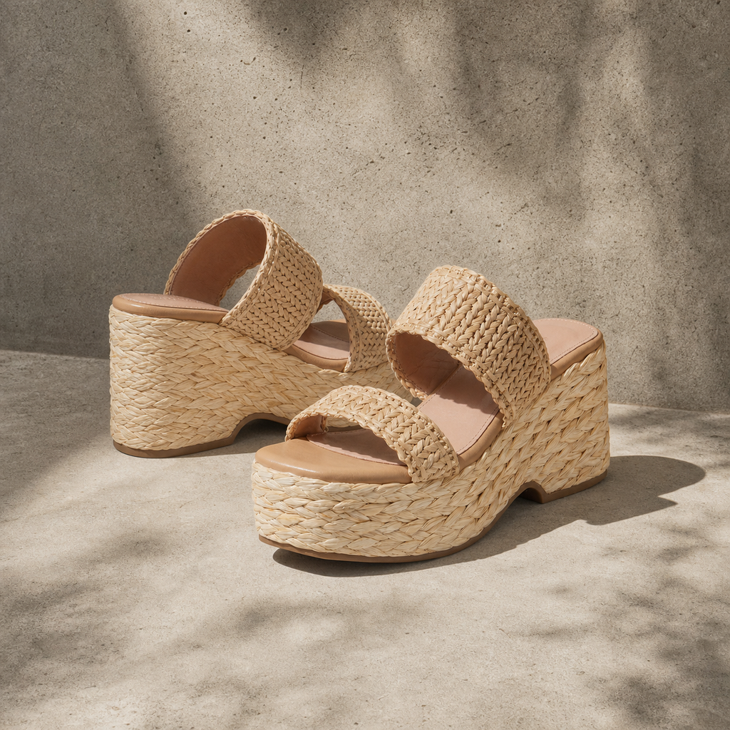 Straw 2 Women's Open-Toe Raffia Multi-Strap Wedge Sandals styled scene