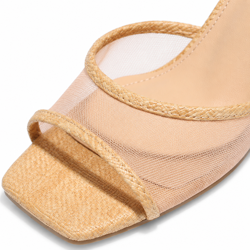 Rich Brown Women's Open-Toe Raffia Toe-Strap Wedge Sandals close-up detail