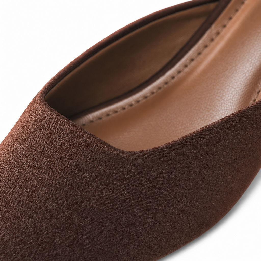 Rich Brown Women's Snip-Toe Microfiber Slip-On Flat Mule Sandals close-up detail
