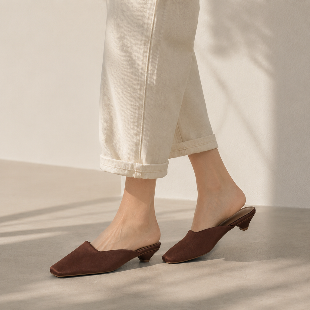 Rich Brown Women's Snip-Toe Microfiber Slip-On Flat Mule Sandals on-foot view