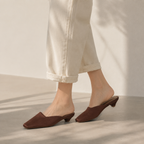 Rich Brown Women's Snip-Toe Microfiber Slip-On Flat Mule Sandals on-foot view