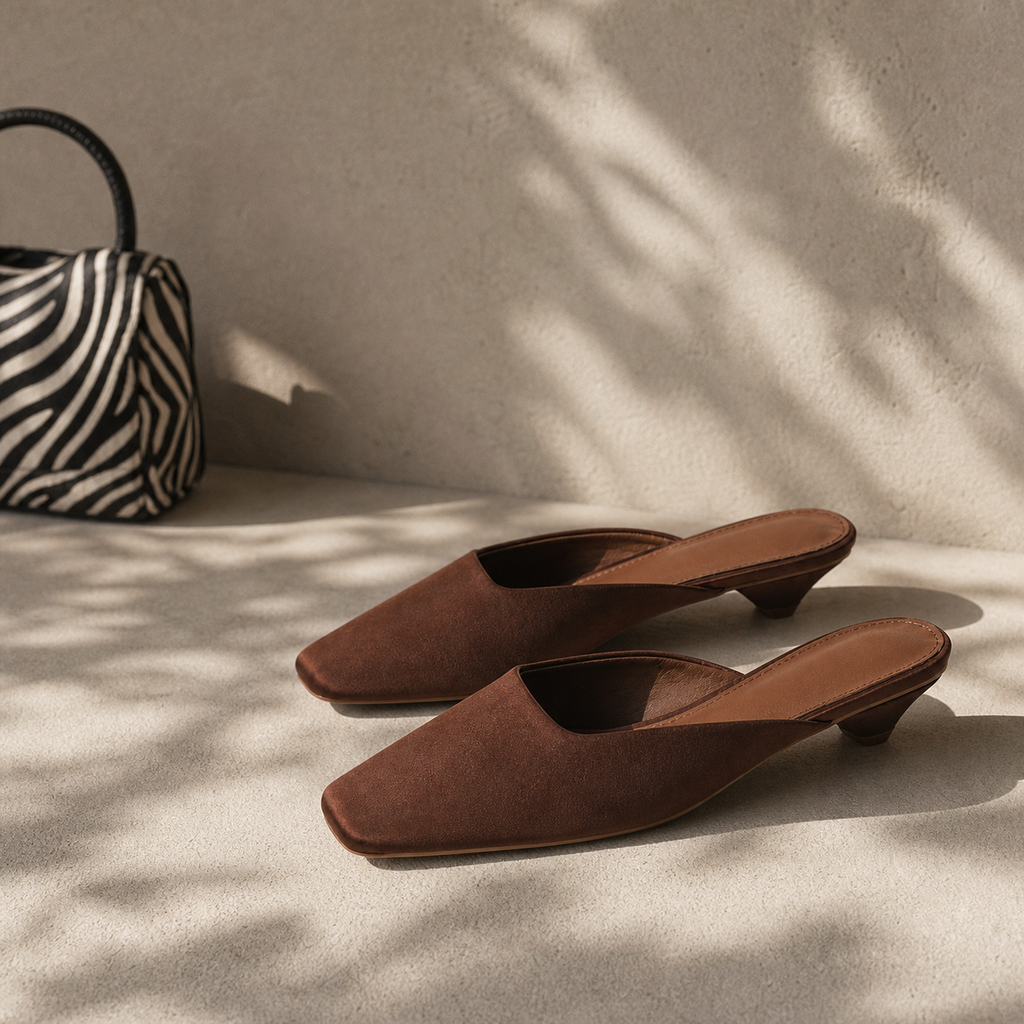 Rich Brown Women's Snip-Toe Microfiber Slip-On Flat Mule Sandals styled scene