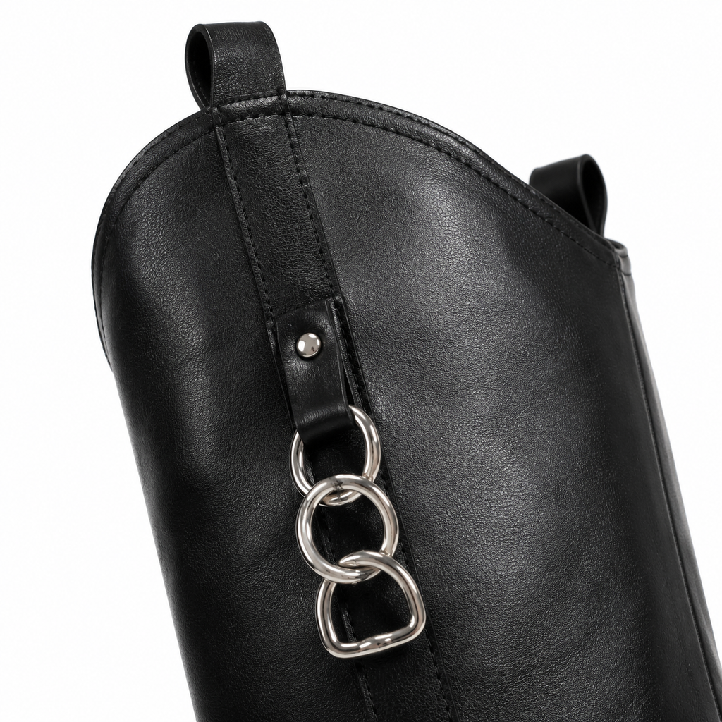 Deep Black Women's Round-Toe Block-Heel Sheepskin Leather Slip-On Knee-High Boots close-up detail