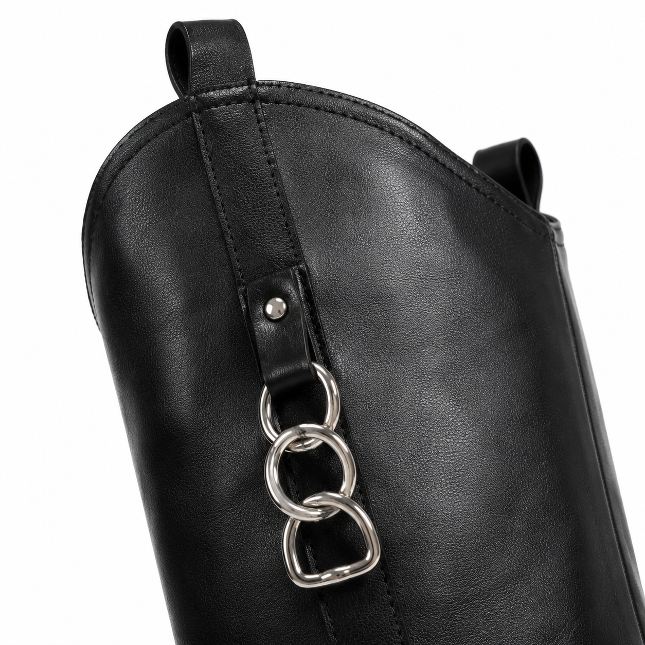 Deep Black Women's Round-Toe Block-Heel Sheepskin Leather Slip-On Knee-High Boots close-up detail