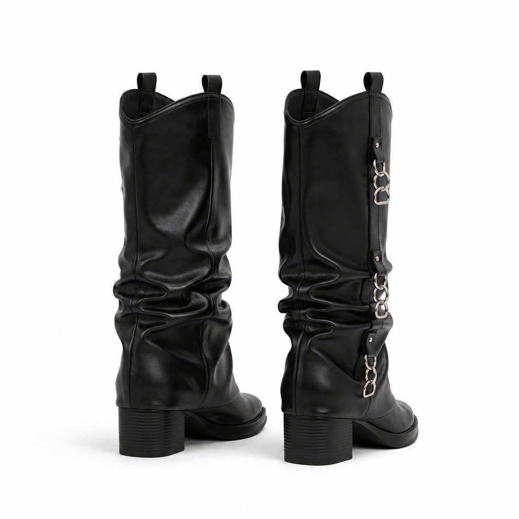 Deep Black Women's Round-Toe Block-Heel Sheepskin Leather Slip-On Knee-High Boots heel detail