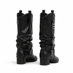 Deep Black Women's Round-Toe Block-Heel Sheepskin Leather Slip-On Knee-High Boots heel detail