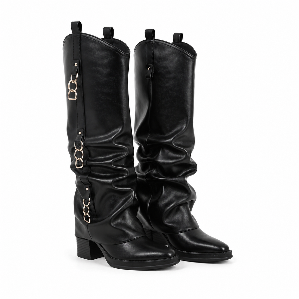Deep Black Women's Round-Toe Block-Heel Sheepskin Leather Slip-On Knee-High Boots