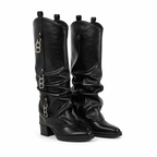 Deep Black Women's Round-Toe Block-Heel Sheepskin Leather Slip-On Knee-High Boots