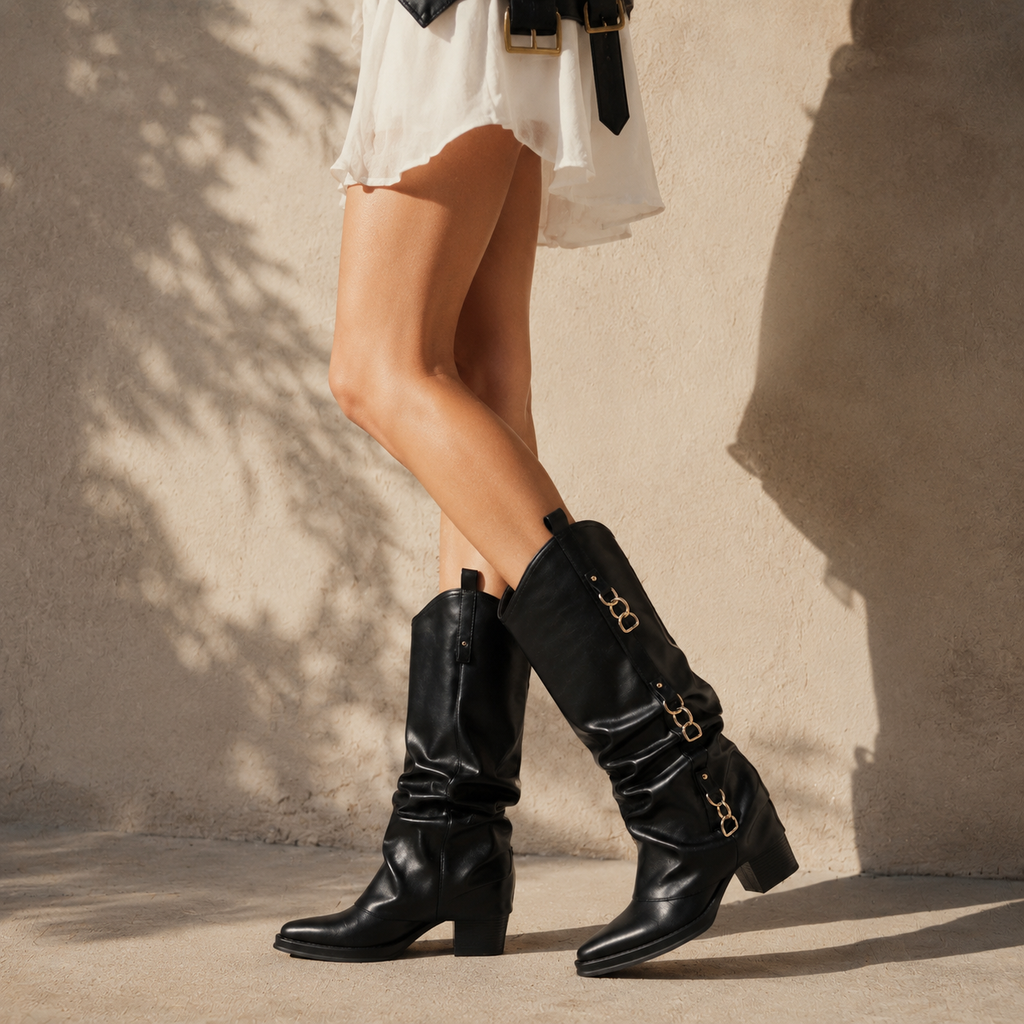 Deep Black Women's Round-Toe Block-Heel Sheepskin Leather Slip-On Knee-High Boots on-foot view