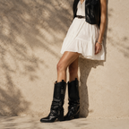Deep Black Women's Round-Toe Block-Heel Sheepskin Leather Slip-On Knee-High Boots lifestyle scene