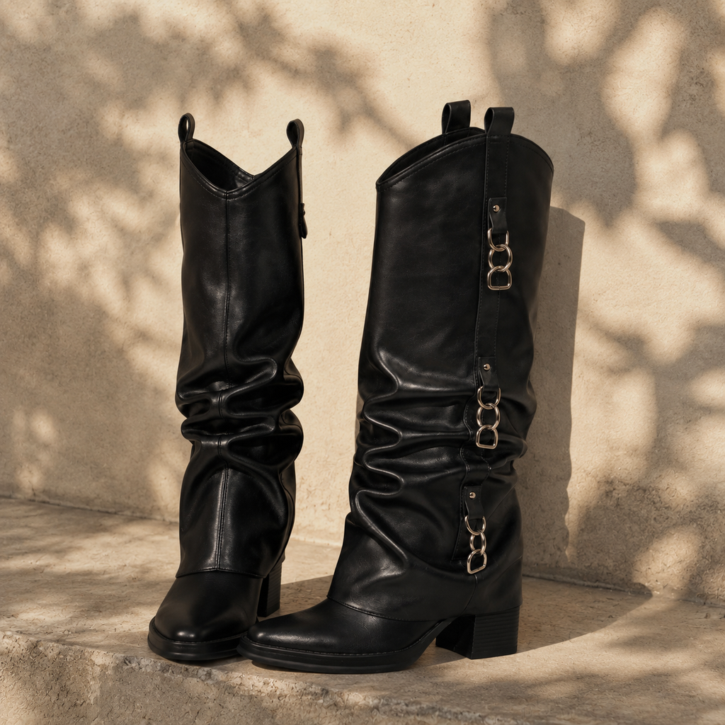 Deep Black Women's Round-Toe Block-Heel Sheepskin Leather Slip-On Knee-High Boots styled scene