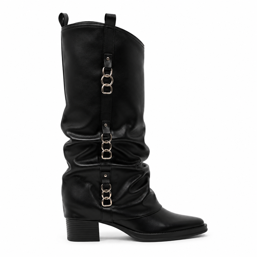Deep Black Women's Round-Toe Block-Heel Sheepskin Leather Slip-On Knee-High Boots side view