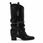 Deep Black Women's Round-Toe Block-Heel Sheepskin Leather Slip-On Knee-High Boots side view