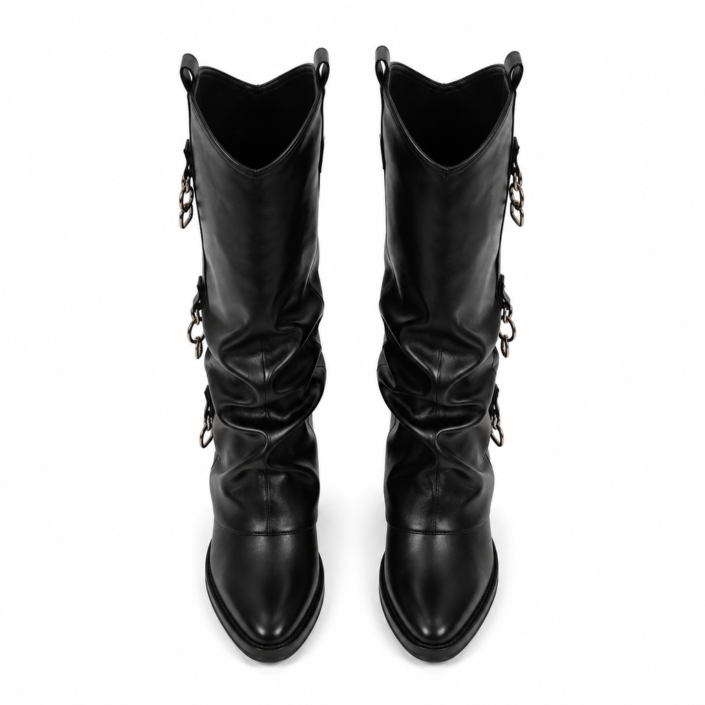 Deep Black Women's Round-Toe Block-Heel Sheepskin Leather Slip-On Knee-High Boots top view