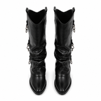 Deep Black Women's Round-Toe Block-Heel Sheepskin Leather Slip-On Knee-High Boots top view