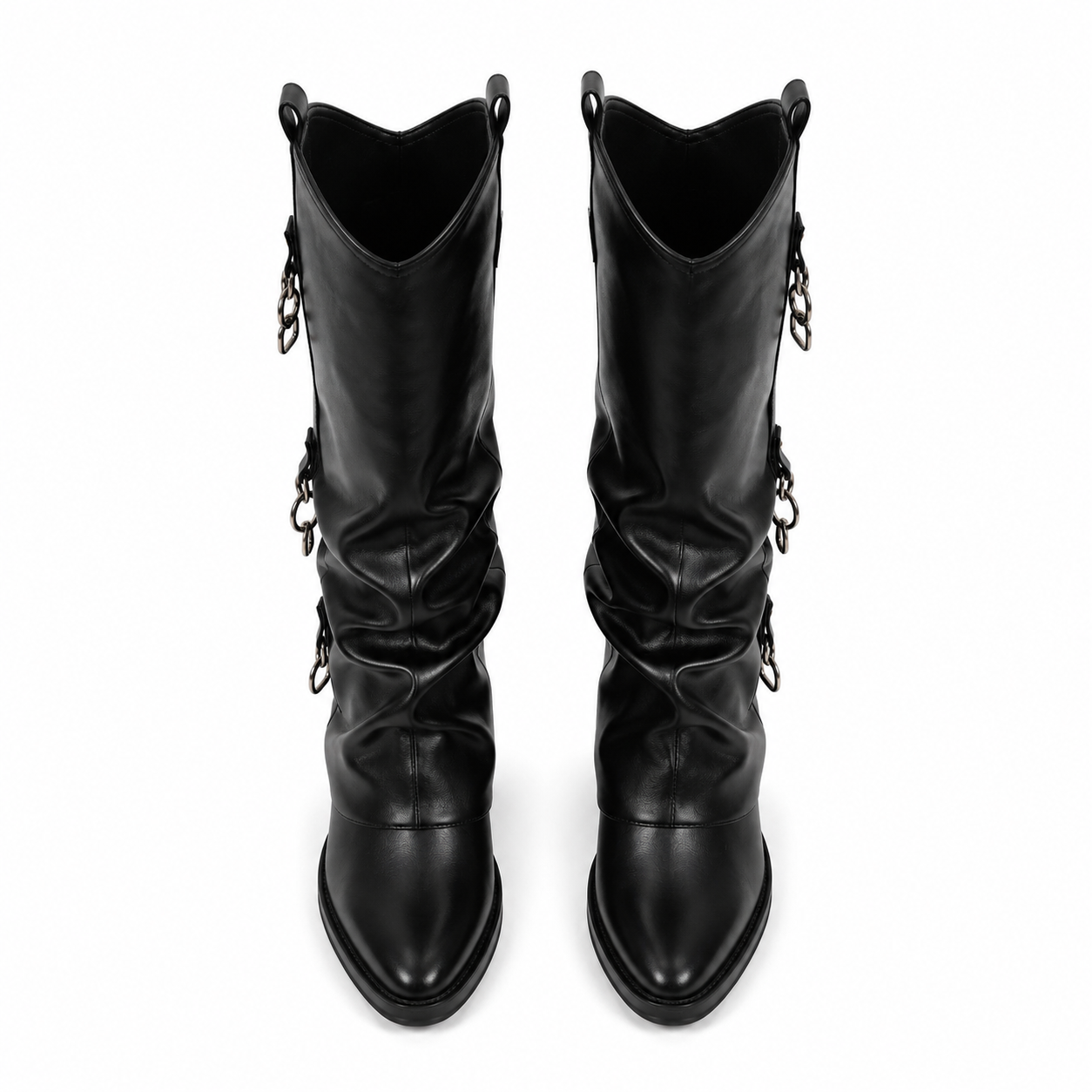 Deep Black Women's Round-Toe Block-Heel Sheepskin Leather Slip-On Knee-High Boots top view