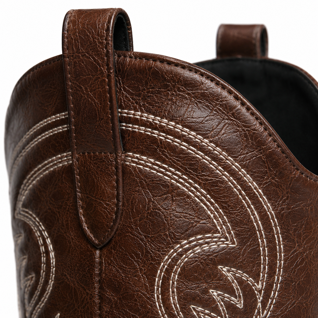 Rich Brown Women's Snip-Toe Block-Heel Leather Embroidered Knee-High Boots close-up detail