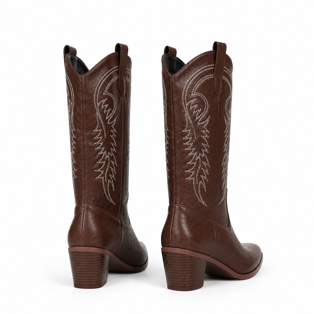 Rich Brown Women's Snip-Toe Block-Heel Leather Embroidered Knee-High Boots heel detail