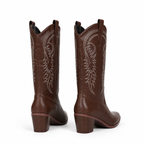 Rich Brown Women's Snip-Toe Block-Heel Leather Embroidered Knee-High Boots heel detail
