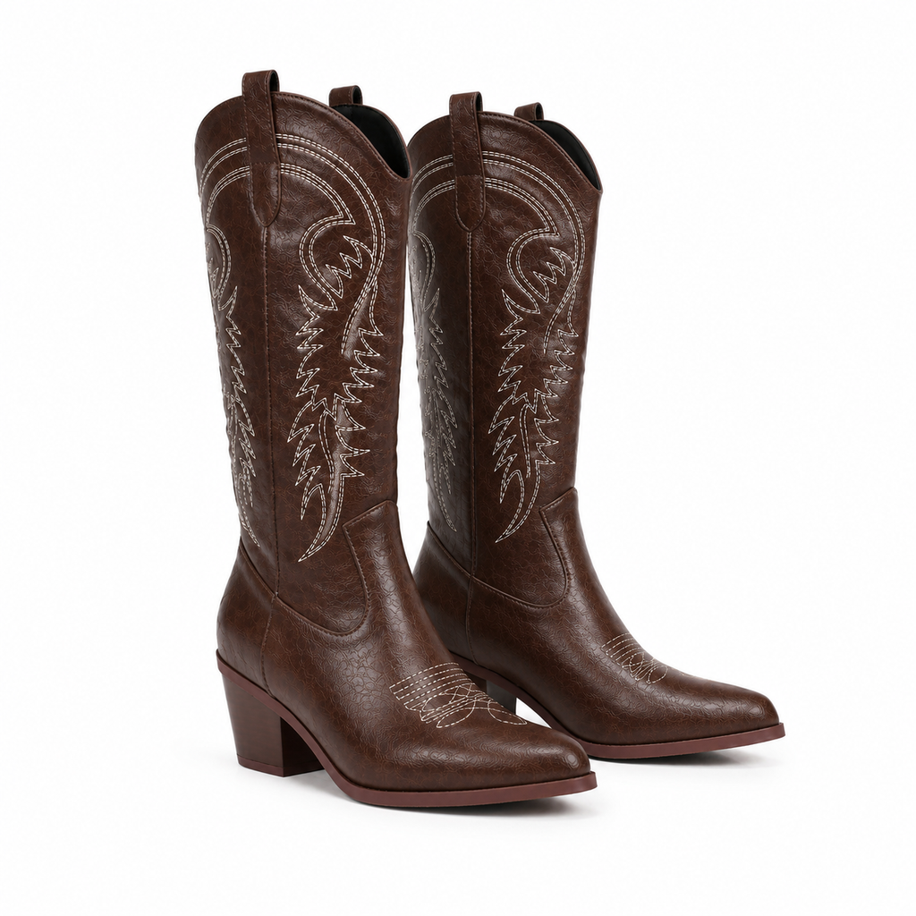 Rich Brown Women's Snip-Toe Block-Heel Leather Embroidered Knee-High Boots