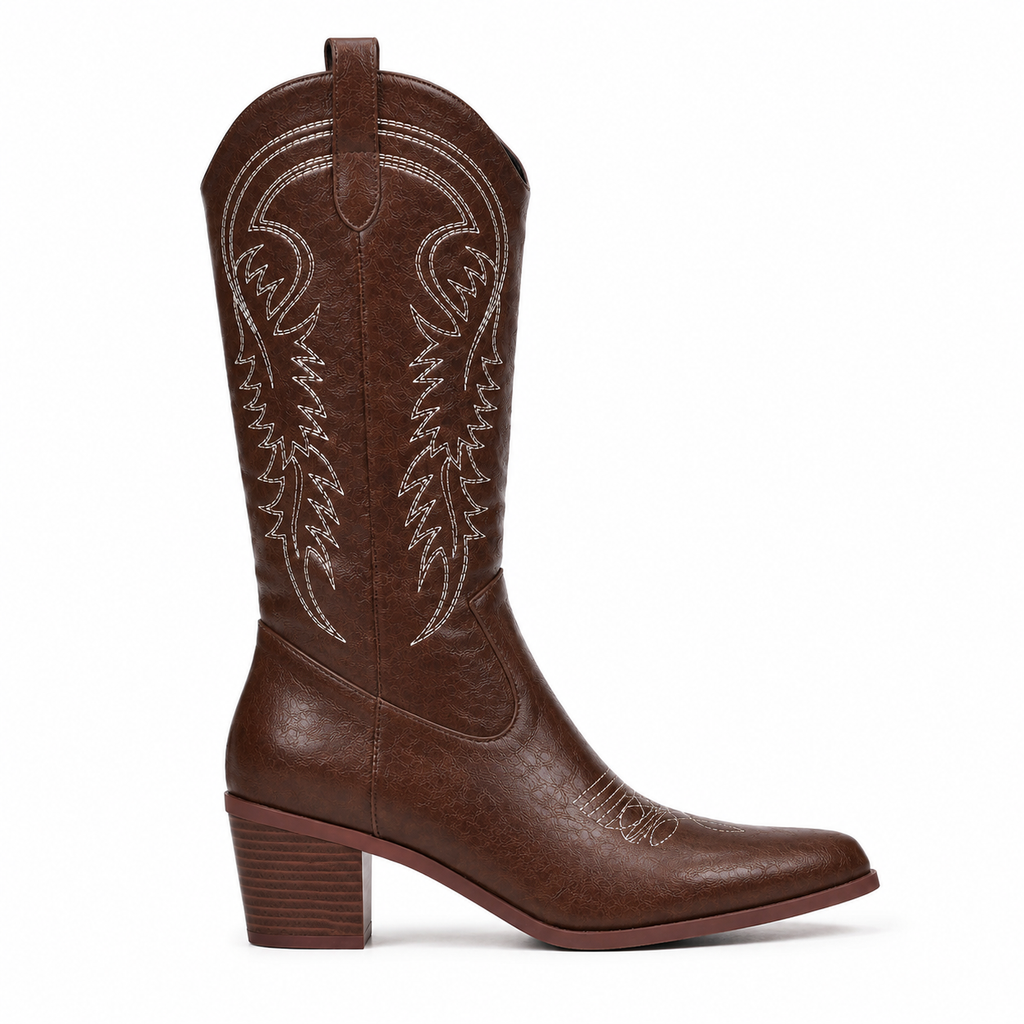 Rich Brown Women's Snip-Toe Block-Heel Leather Embroidered Knee-High Boots side view