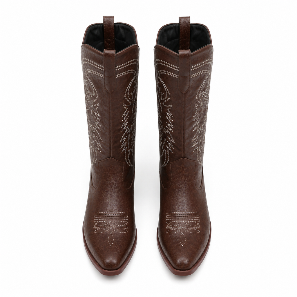 Rich Brown Women's Snip-Toe Block-Heel Leather Embroidered Knee-High Boots top view