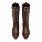 Rich Brown Women's Snip-Toe Block-Heel Leather Embroidered Knee-High Boots top view