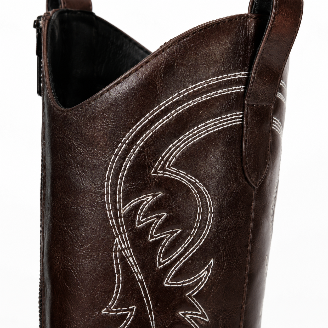 Rich Brown 2 Women's Snip-Toe Block-Heel Leather Embroidered Knee-High Boots close-up detail