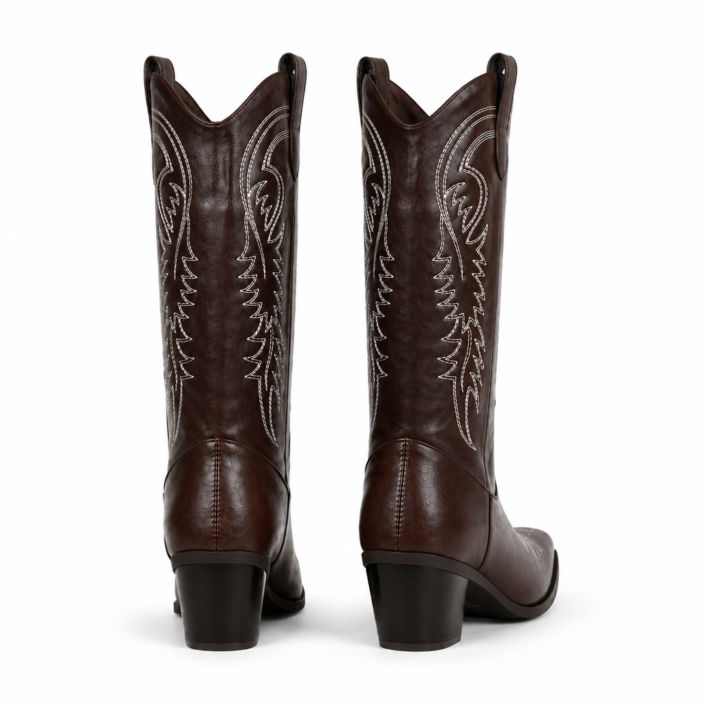 Rich Brown 2 Women's Snip-Toe Block-Heel Leather Embroidered Knee-High Boots heel detail