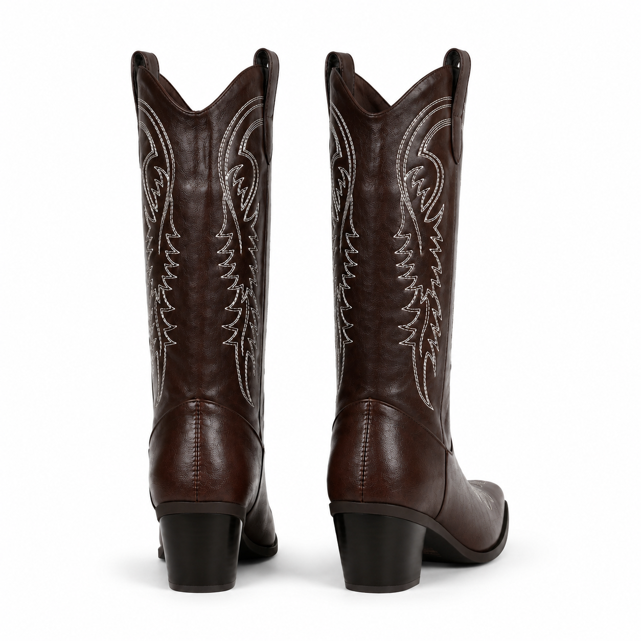 Rich Brown 2 Women's Snip-Toe Block-Heel Leather Embroidered Knee-High Boots heel detail