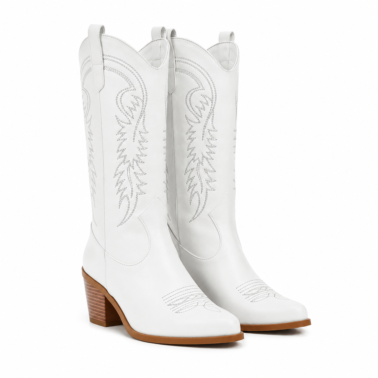 Cream Ivory Women's Snip-Toe Block-Heel Leather Embroidered Knee-High Boots