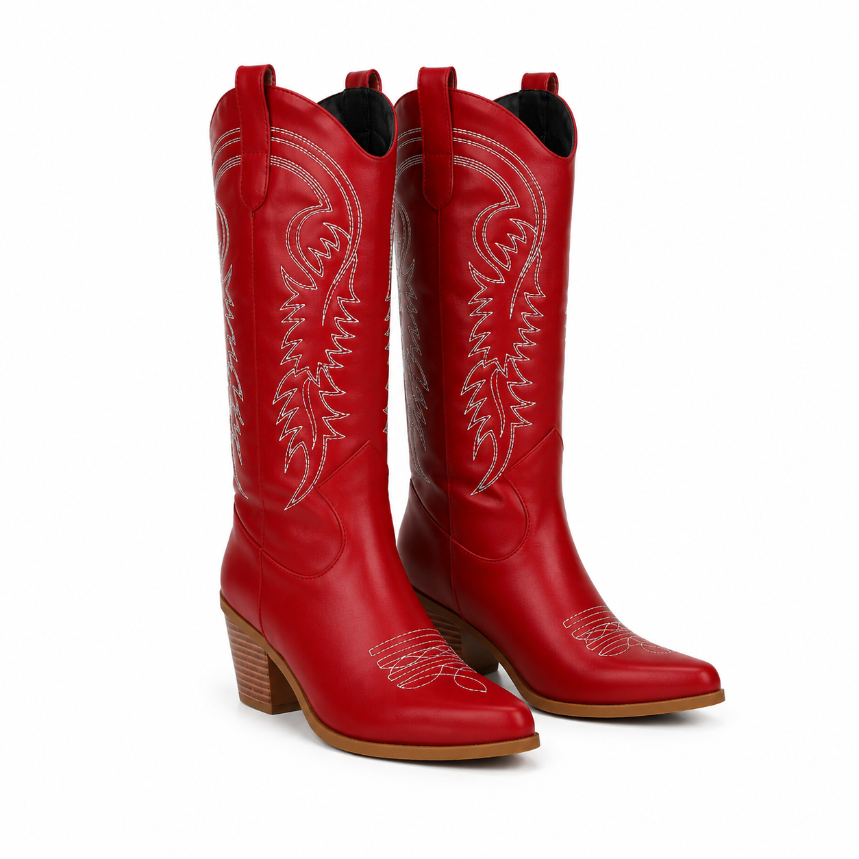 Deep Red Women's Snip-Toe Block-Heel Leather Embroidered Knee-High Boots