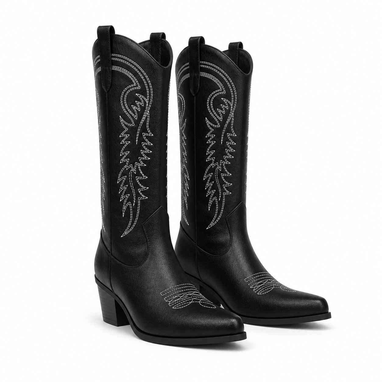 Deep Black Women's Snip-Toe Block-Heel Leather Embroidered Knee-High Boots