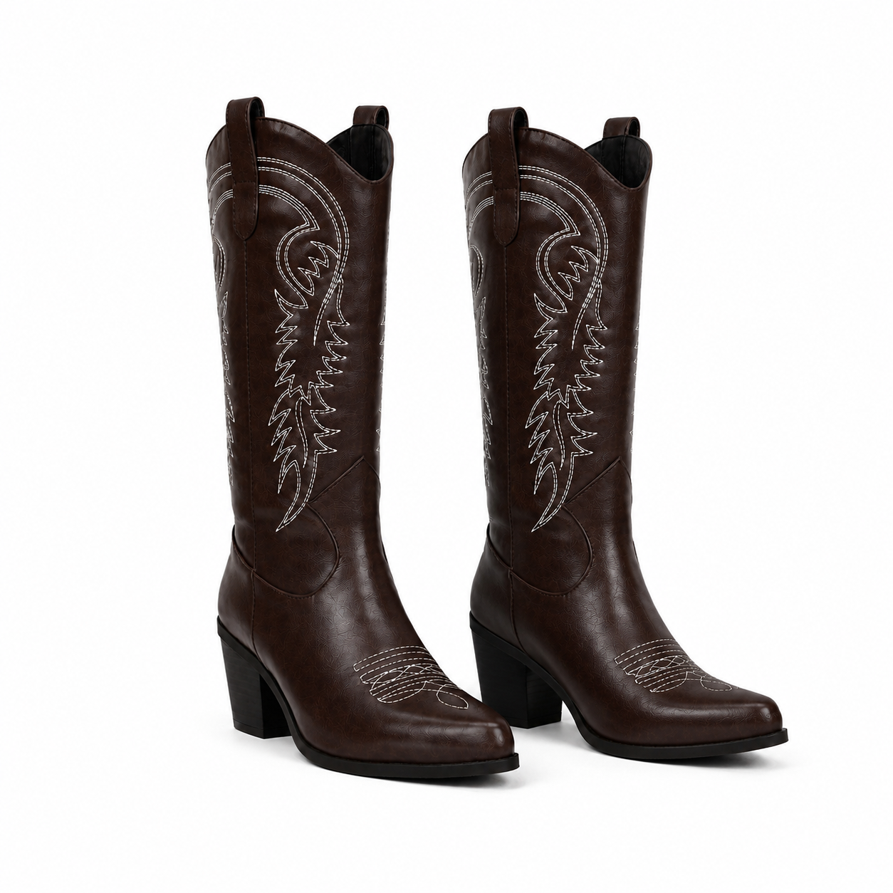 Rich Brown 2 Women's Snip-Toe Block-Heel Leather Embroidered Knee-High Boots
