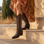 Rich Brown 2 Women's Snip-Toe Block-Heel Leather Embroidered Knee-High Boots on-foot view