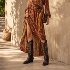 Rich Brown 2 Women's Snip-Toe Block-Heel Leather Embroidered Knee-High Boots lifestyle scene