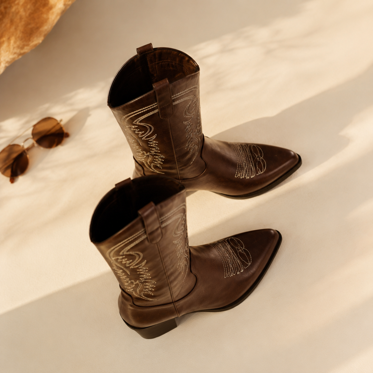 Rich Brown 2 Women's Snip-Toe Block-Heel Leather Embroidered Knee-High Boots styled scene