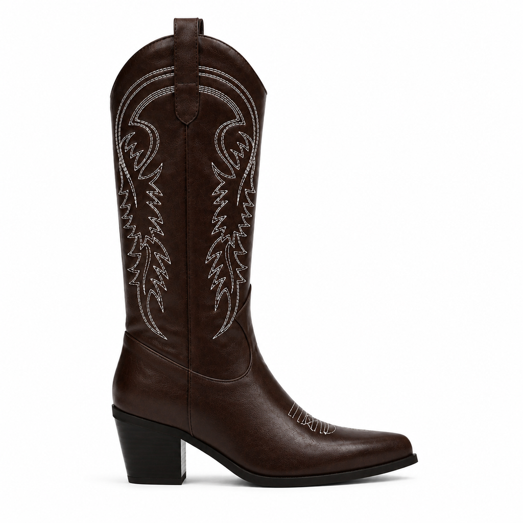Rich Brown 2 Women's Snip-Toe Block-Heel Leather Embroidered Knee-High Boots side view