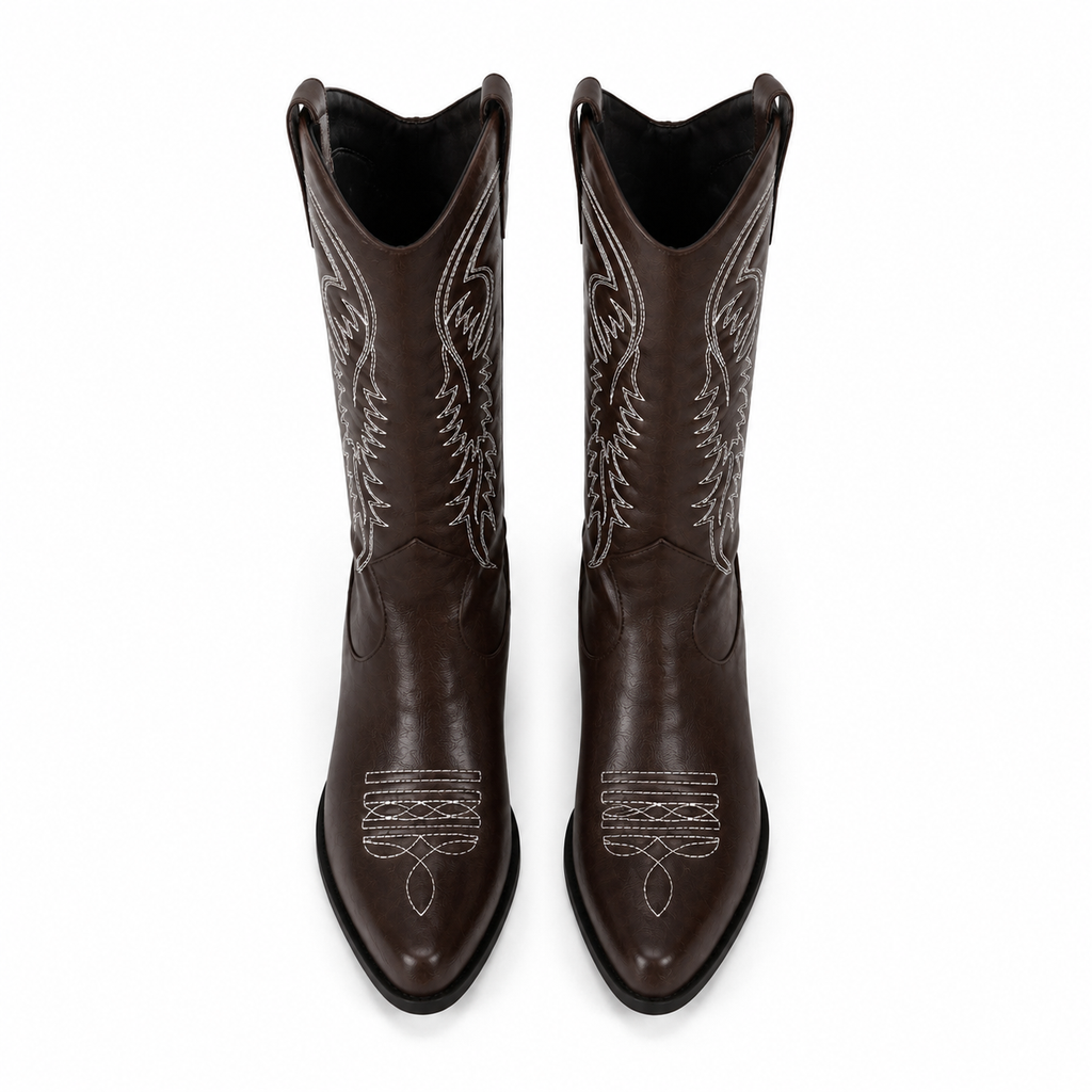 Rich Brown 2 Women's Snip-Toe Block-Heel Leather Embroidered Knee-High Boots top view