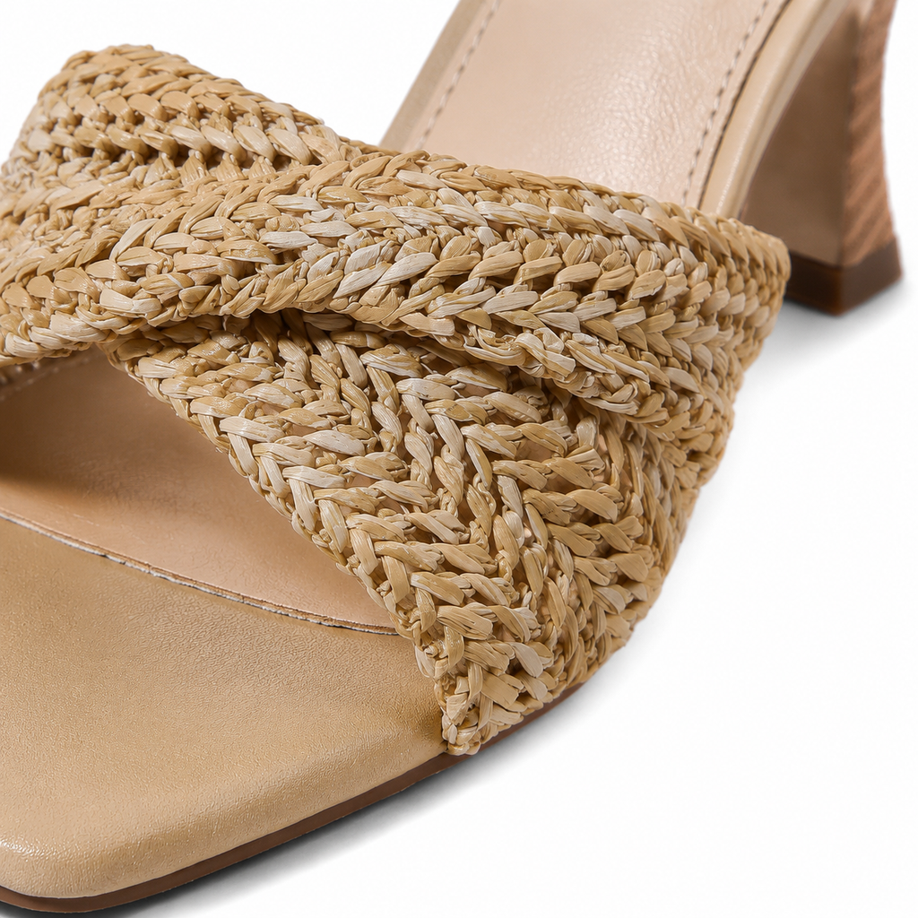 Soft Apricot Women's Open-Toe High-Heel Straw Criss-Cross Pumps close-up detail