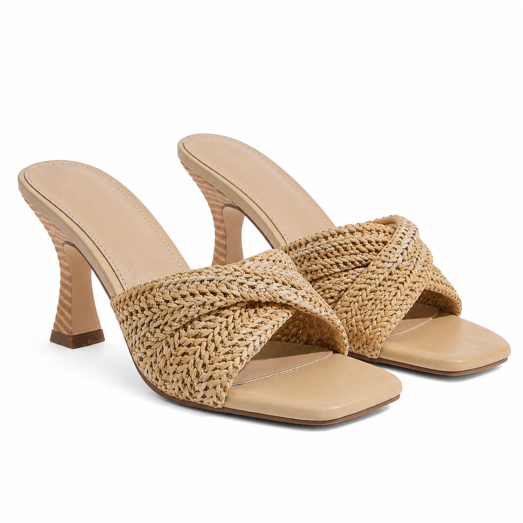 Soft Apricot Women's Open-Toe High-Heel Straw Criss-Cross Pumps